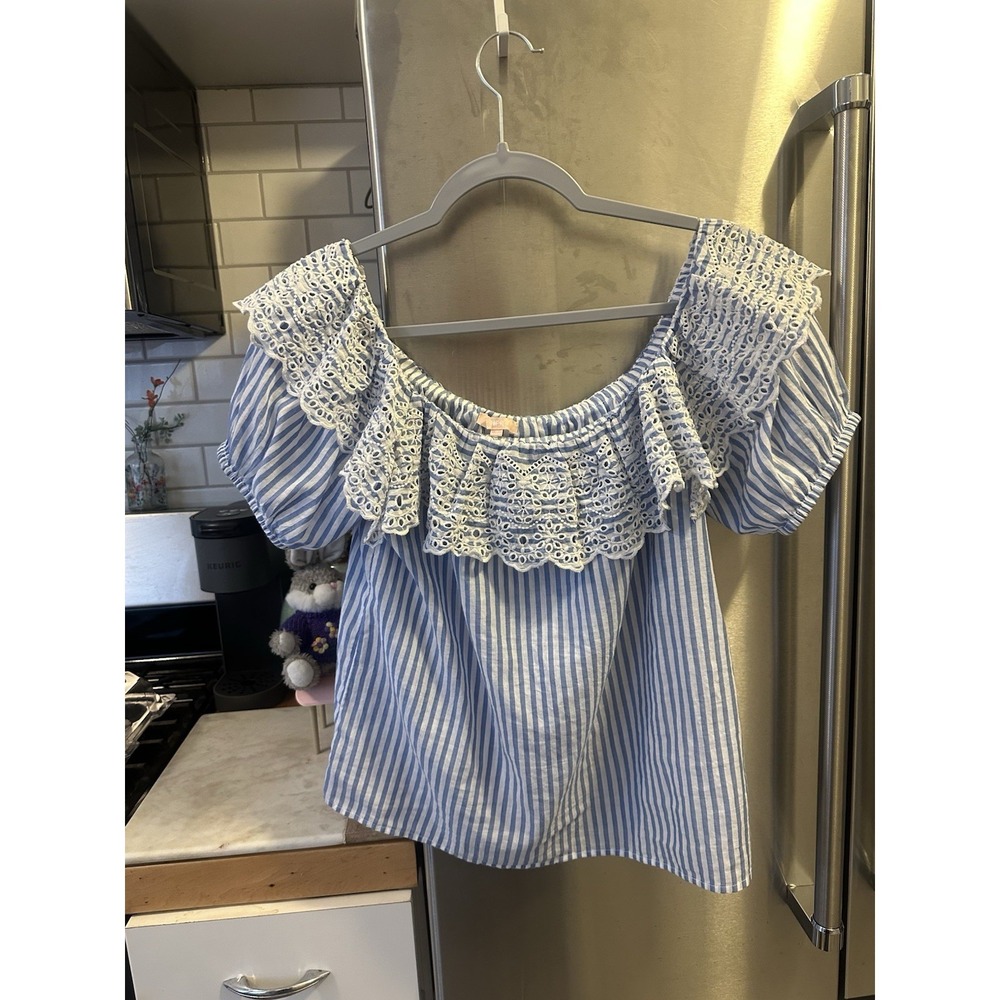 Babydoll Milkmaid Off The Shoulder Puff Sleeve Crochet Nautical Striped‎ Top SzM